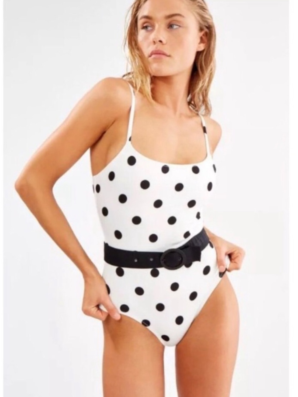SOLID & STRIPED White One-Piece Swimsuit with Black Polka Dots